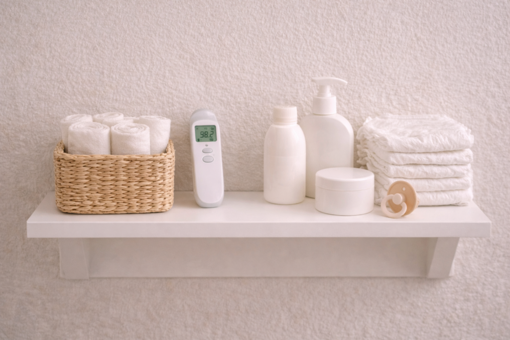 Minimal nursery shelf with newborn care products and baby thermometer