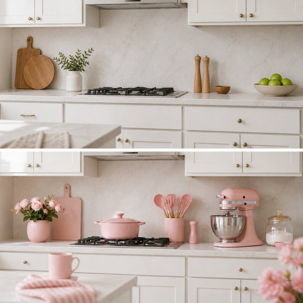 Modern kitchen makeover with pastel pink accents pink kitchen utensils