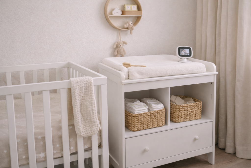 Flat lay of newborn essentials arranged neatly on soft blanket, diapers, pacifier, baby bottle, swaddle,