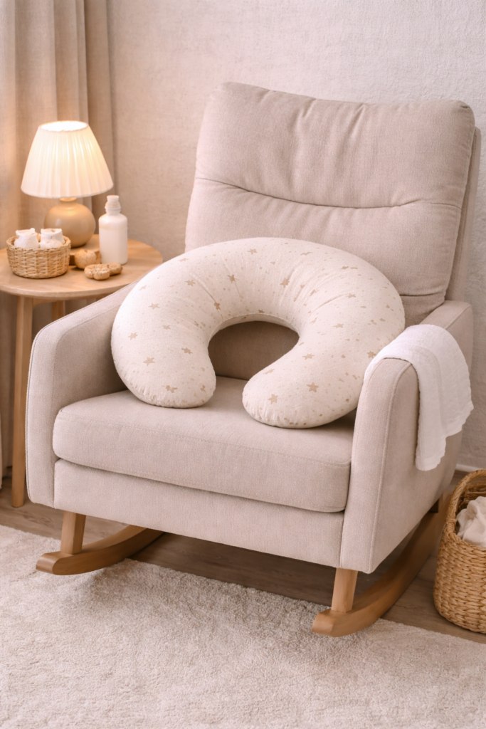 Nursing corner with rocking chair, nursing pillow, and burp cloth