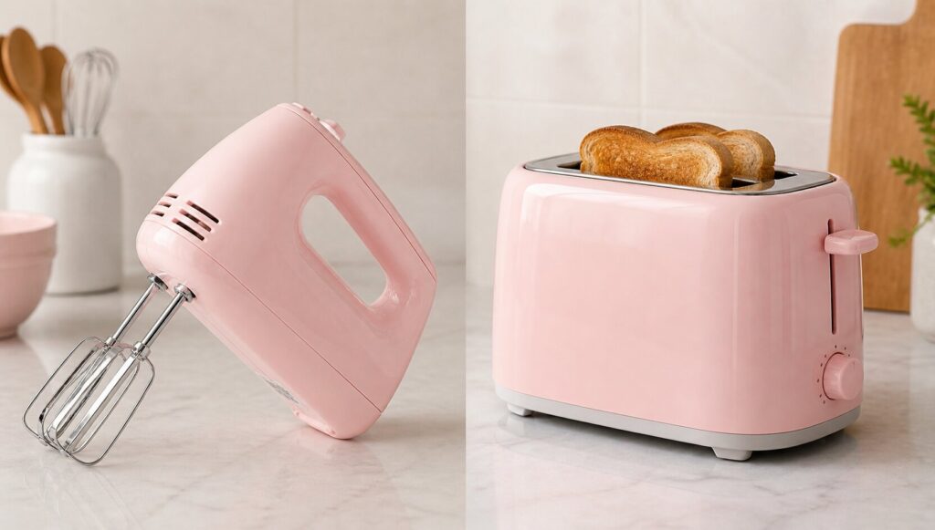 Pastel kitchen essentials on marble countertop