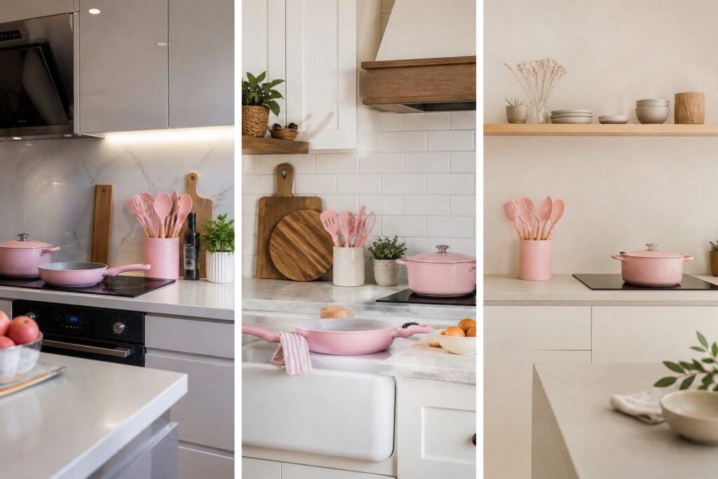Pastel pink kitchen trio looks
