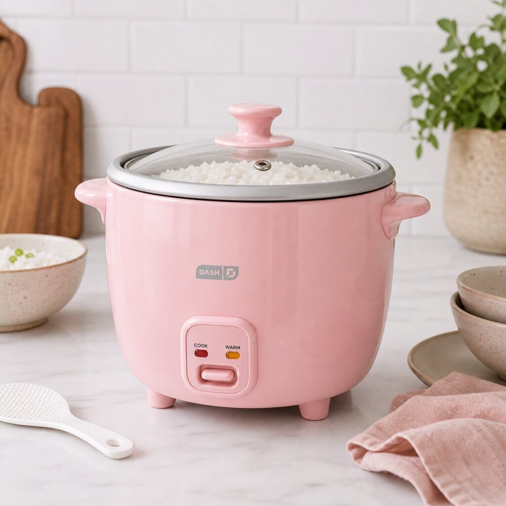 Pastel pink rice cooker in modern kitchen