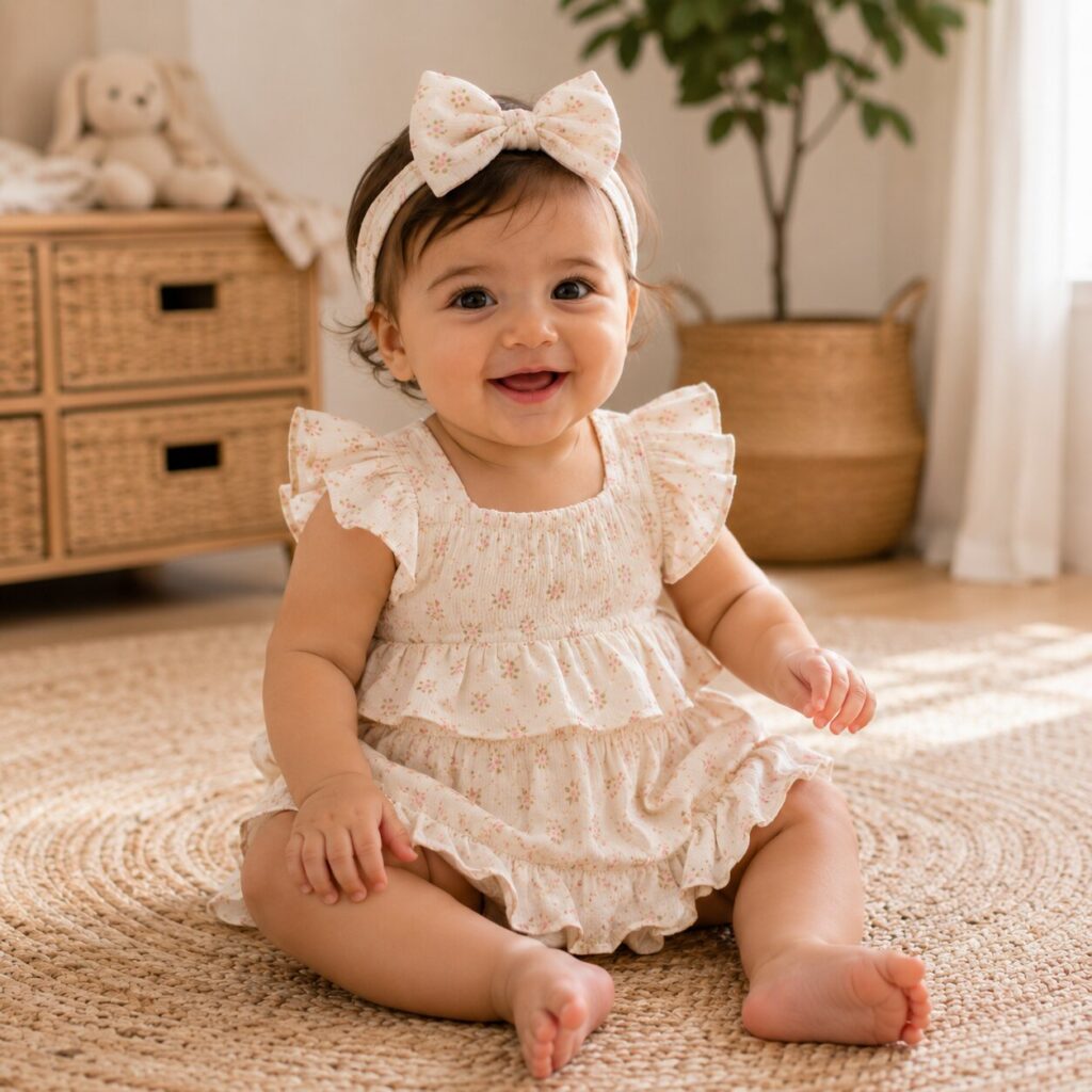 Close-up of baby girl dress with lace details and delicate fabric texture