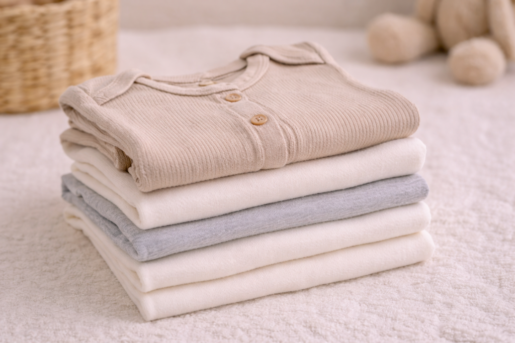Stack of folded newborn onesies in soft colors