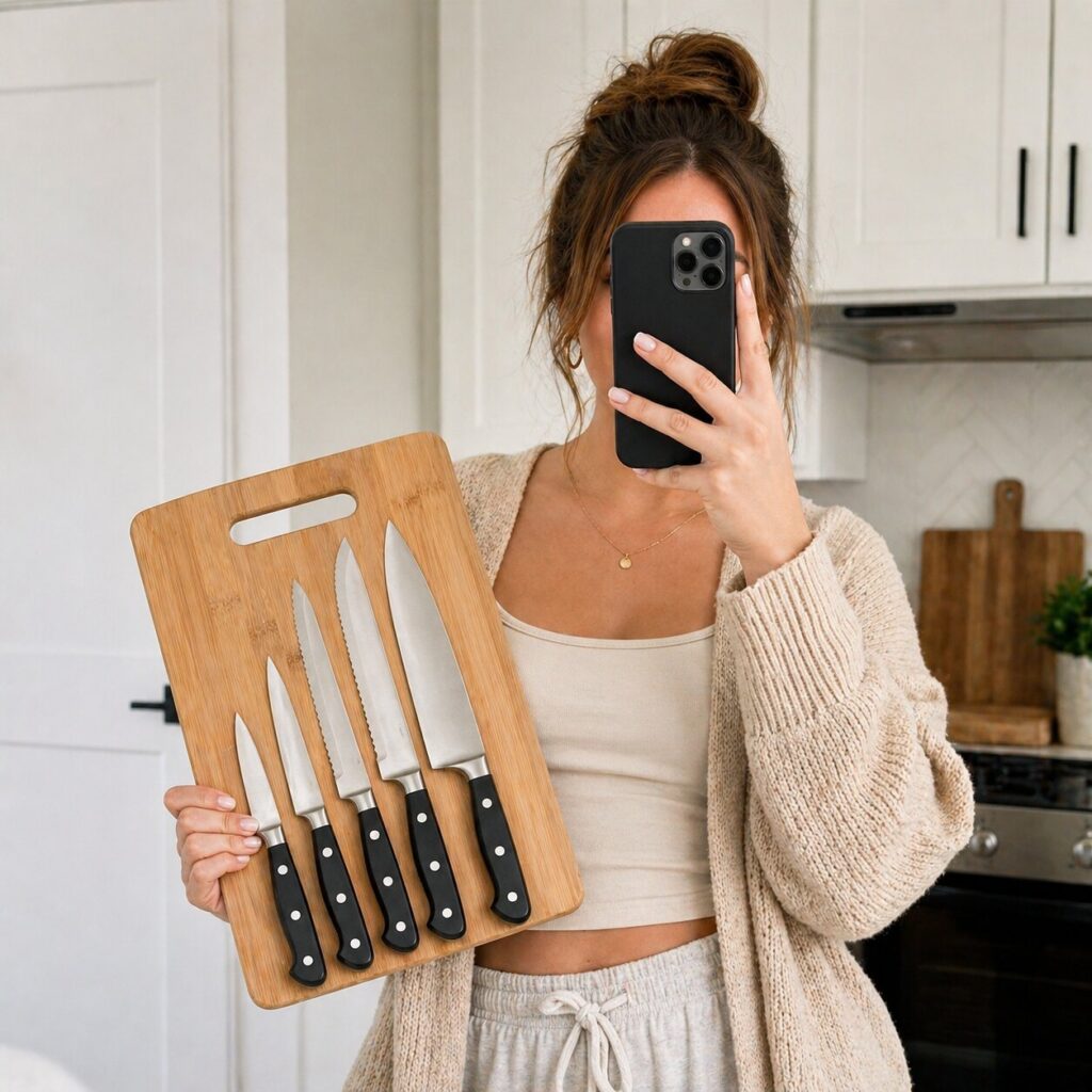 Kitchen selfie with cutting board and knives