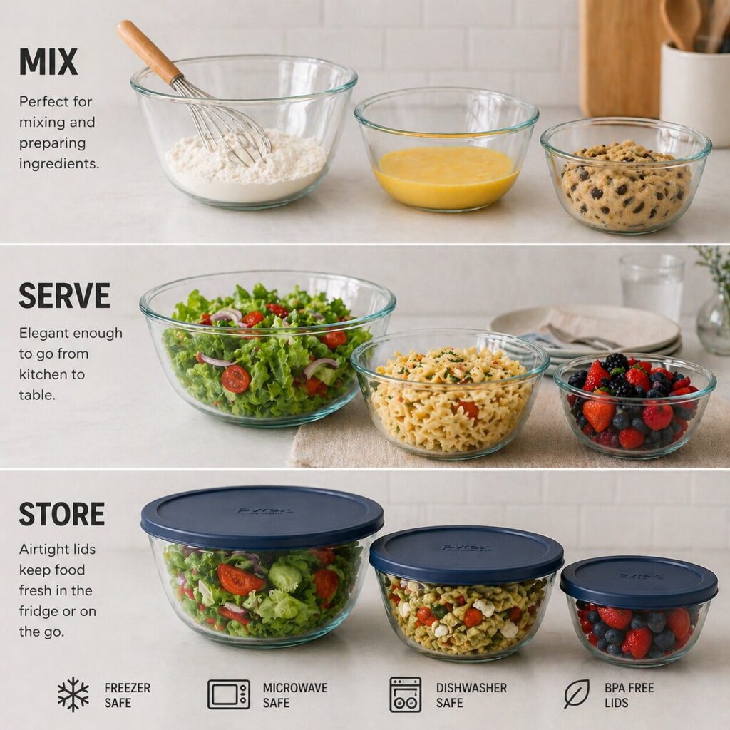 Mix, serve, store with glass bowls