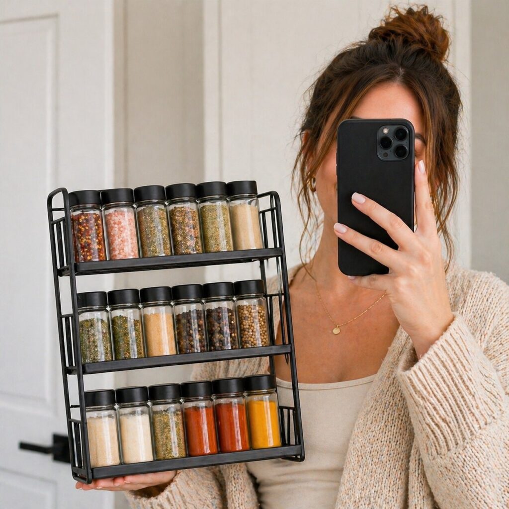 Spice rack selfie in cozy kitchen