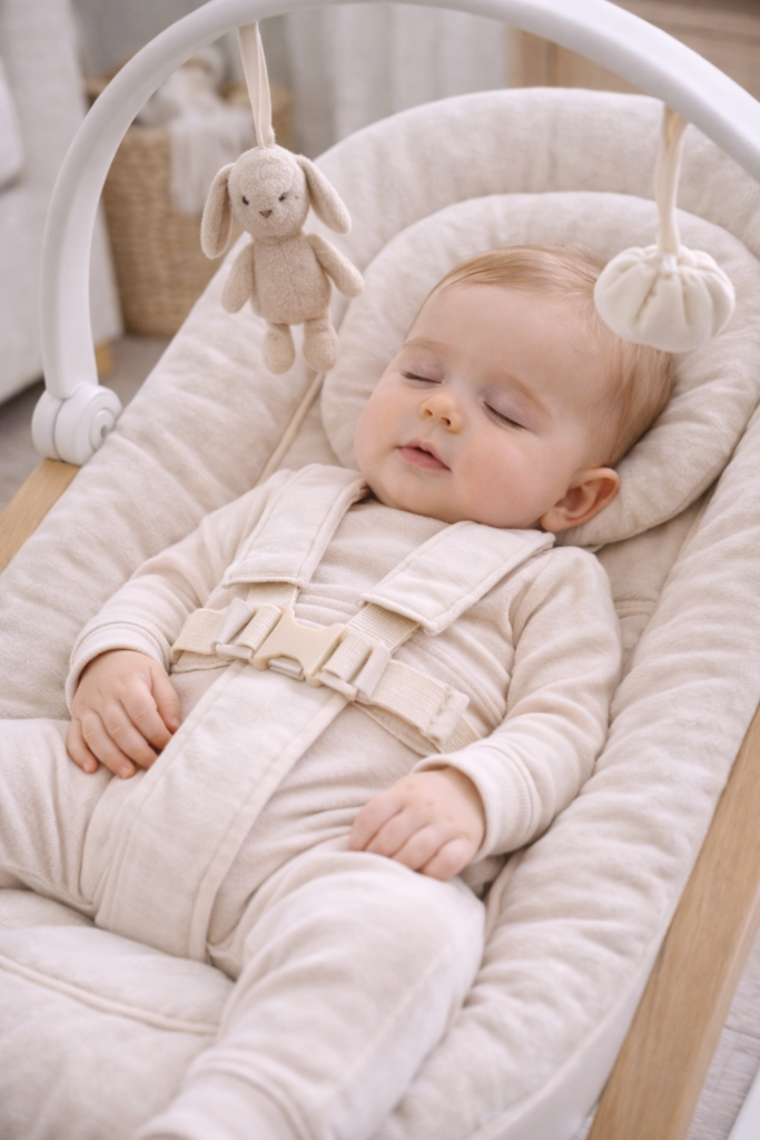 Baby peacefully resting in a soft neutral baby swing with safety straps visible