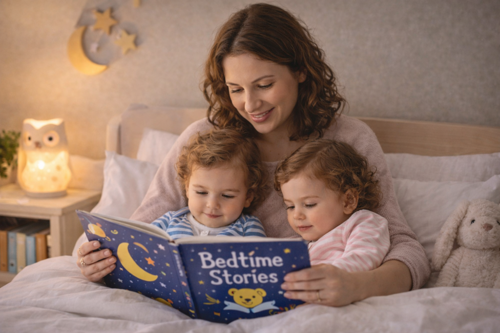 Bedtime story with twins and mother