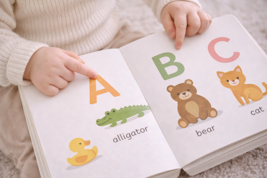 Close-up of open toddler learning book showing letters, animals, and simple words, small hands pointing at the page