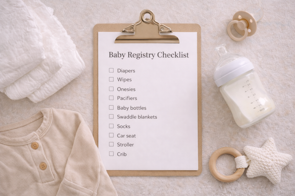 Flat lay of baby registry checklist on clipboard with baby essentials arranged around it, diapers, pacifier, baby bottle, onesie