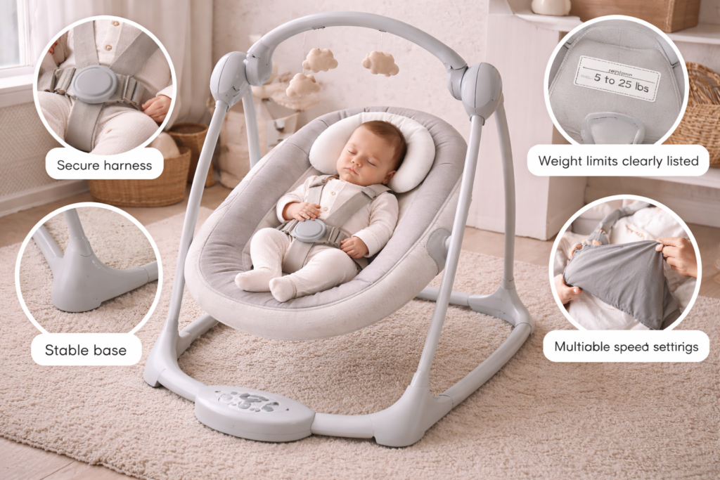 Modern baby swing in neutral nursery