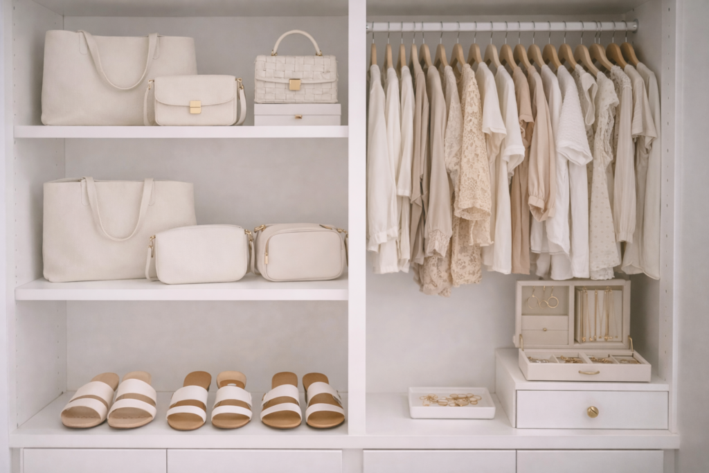Organized wardrobe with accessories and clothing