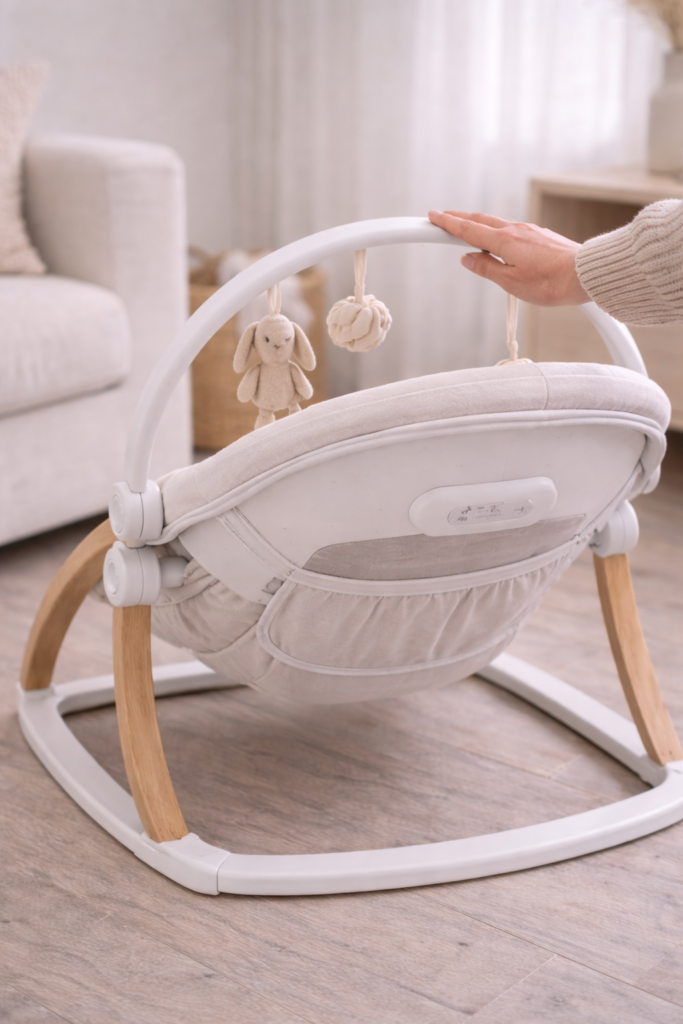 Side view of baby swing showing sturdy frame and compact design