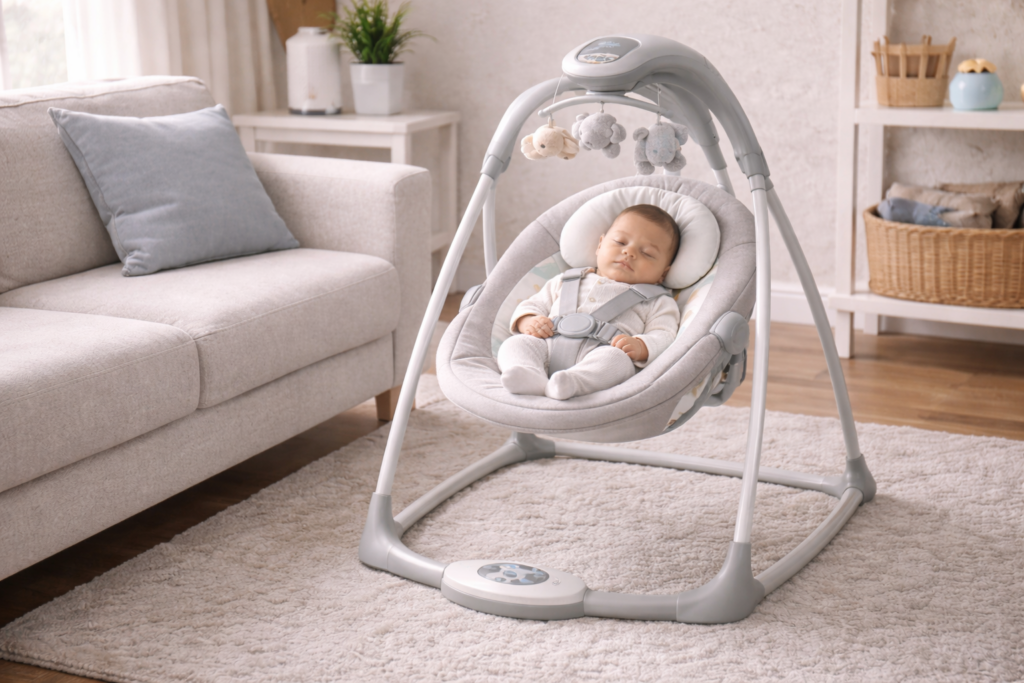 Peaceful baby in a gentle swing