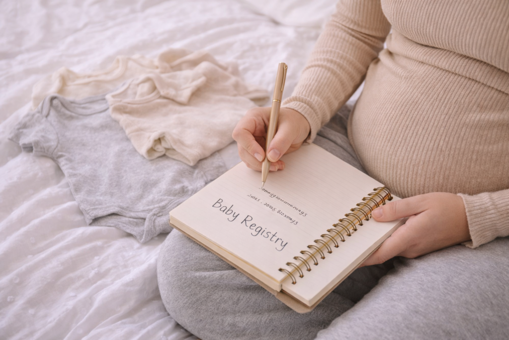 Pregnant woman sitting on bed writing in a baby registry notebook with baby clothes beside her