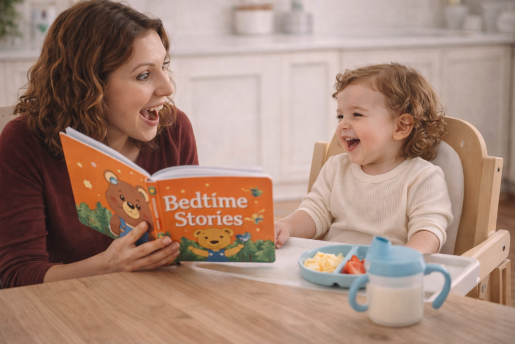 Reading and laughter at snack time