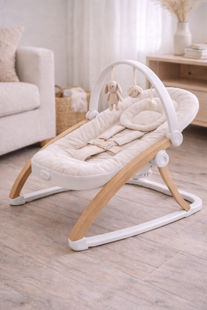 Baby swing next to sofa in a cozy home setting