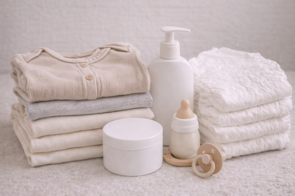 Stack of folded newborn clothes next to baby skincare products and diapers