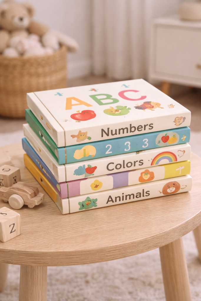 Stack of colorful toddler learning books arranged neatly on a small wooden table, alphabet and numbers visible on covers, simple home setting