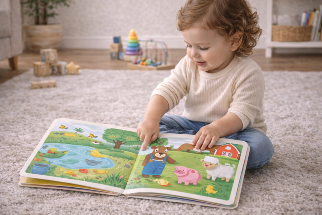 Toddler exploring a colorful animal book