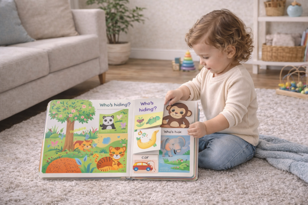 Toddler exploring a lift-the-flap book