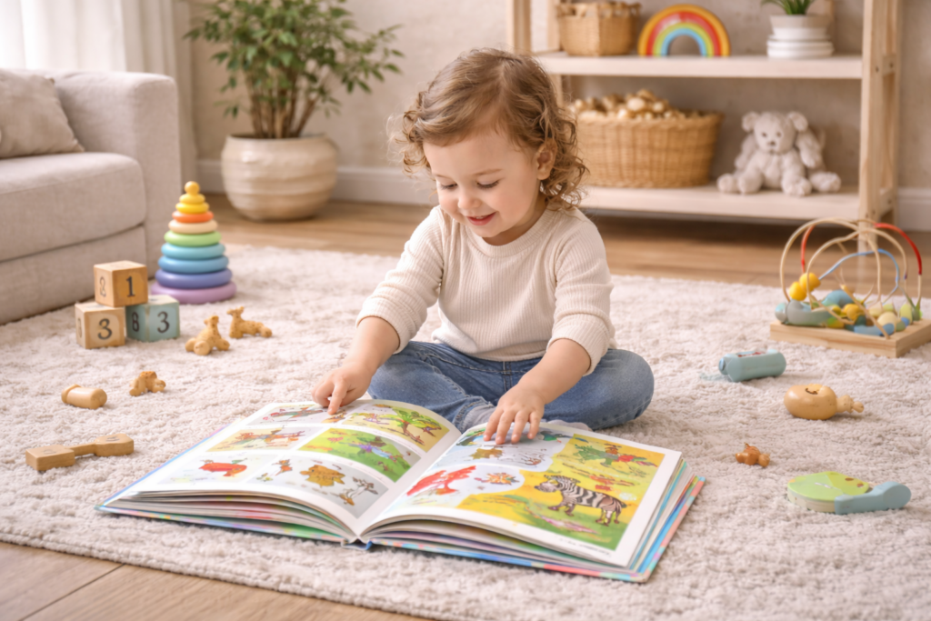Toddler sitting on the floor flipping through a large picture learning book