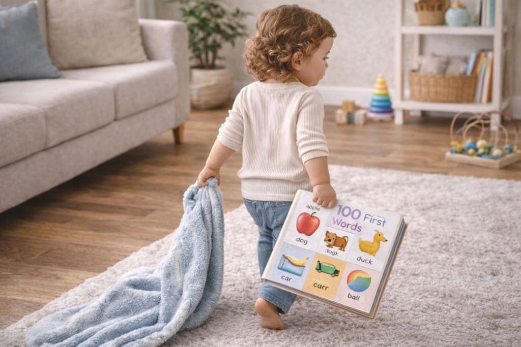 Toddler exploring with first words book