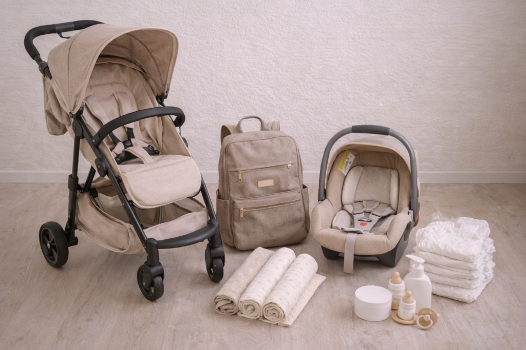 baby essentials neatly arranged on floor, stroller, car seat, diaper bag, swaddle blankets