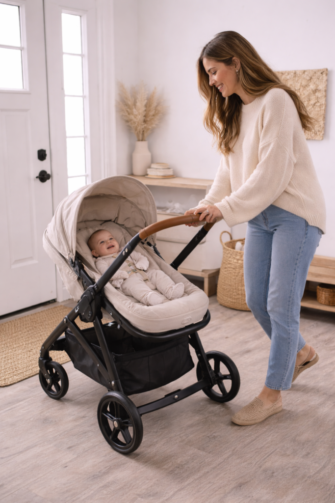 Parent gently pushing baby swing with hand visible, no faces shown