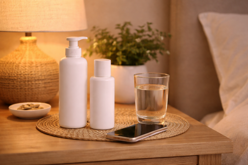 Warm bedside ambiance with essentials