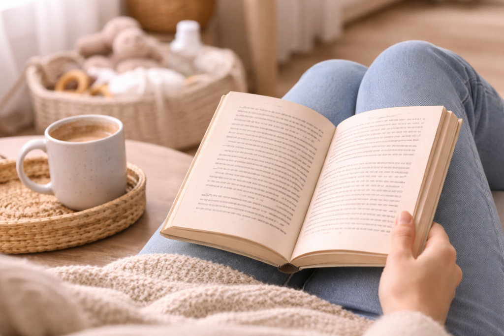 Cozy reading corner with a warm beverage