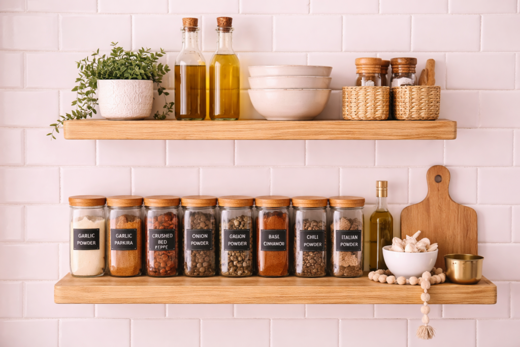 Kitchen shelves with spices and decor