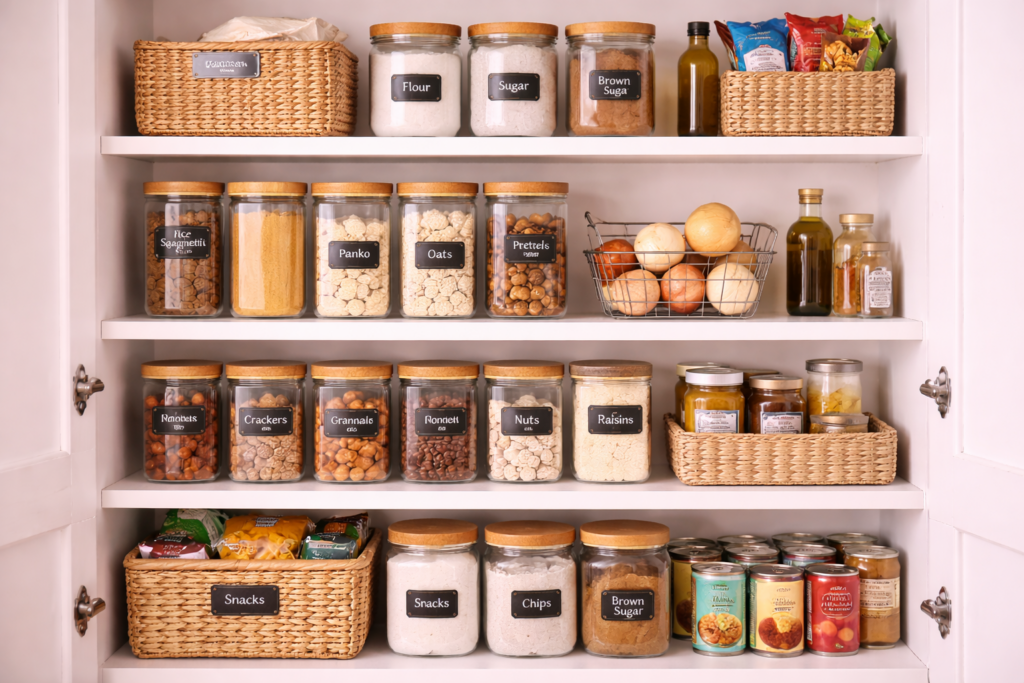 Organized pantry with labeled essentials