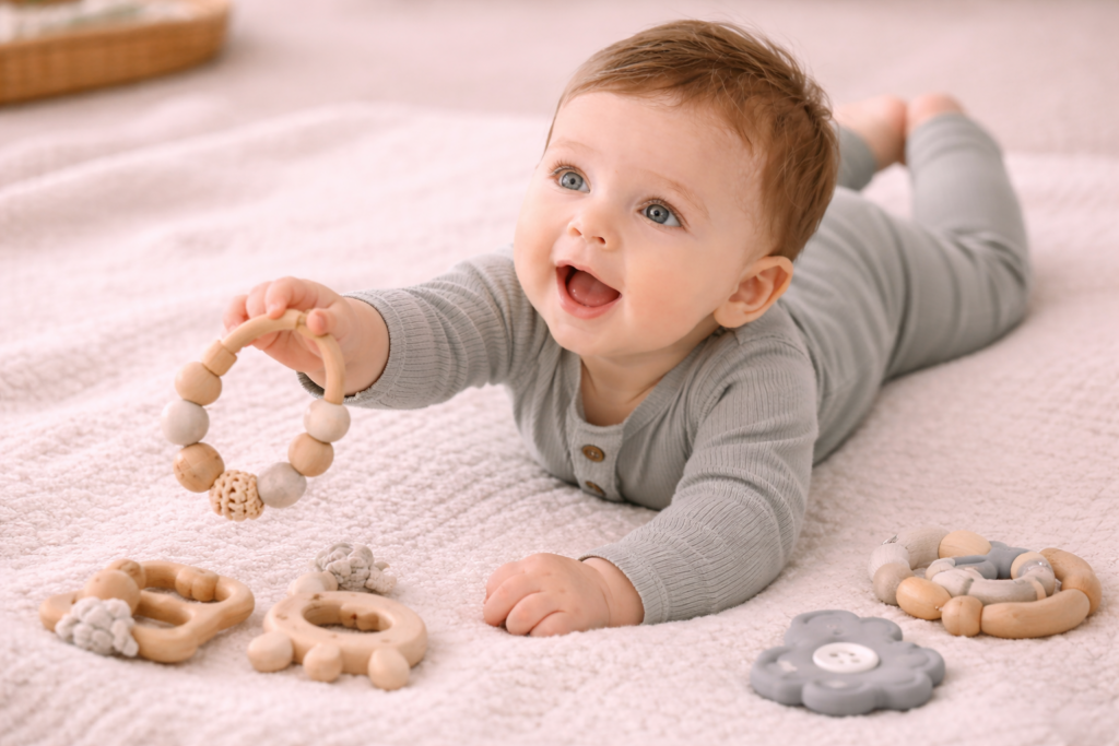 Excited baby exploring teething toys