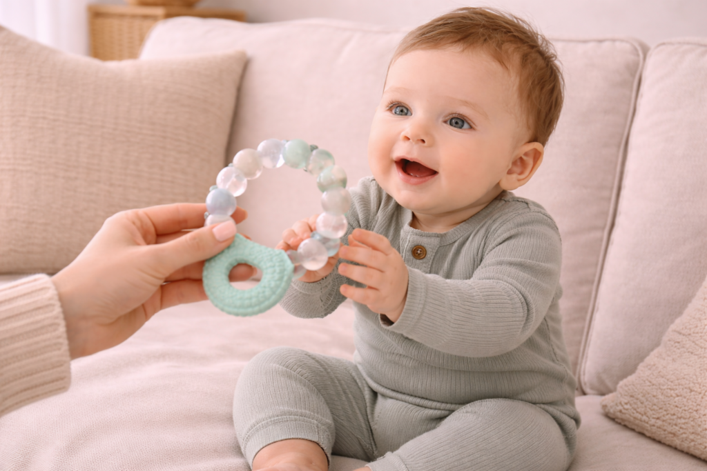 Excited baby reaching for teething ring