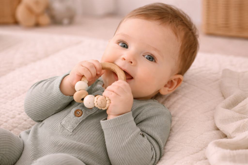 Joyful baby with teething ring
