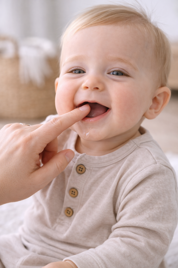 Mom applying gentle gum massage to baby