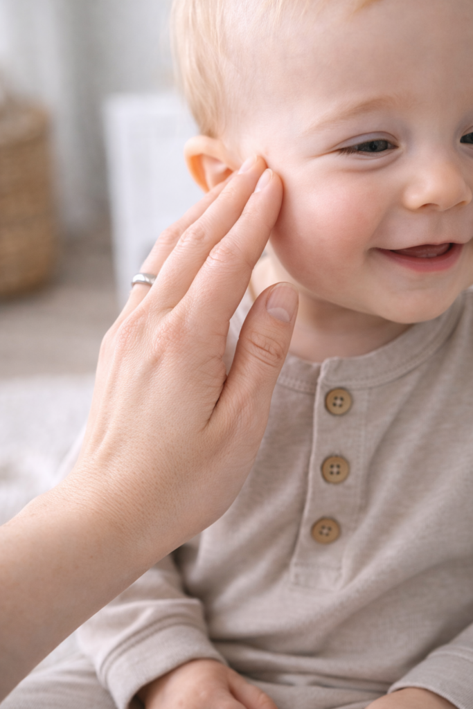 Mom’s hand gently rubbing baby’s cheek, faces not visible