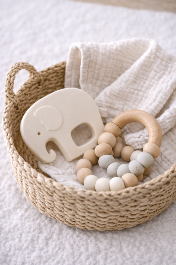 Small basket with baby teethers and soft washcloth