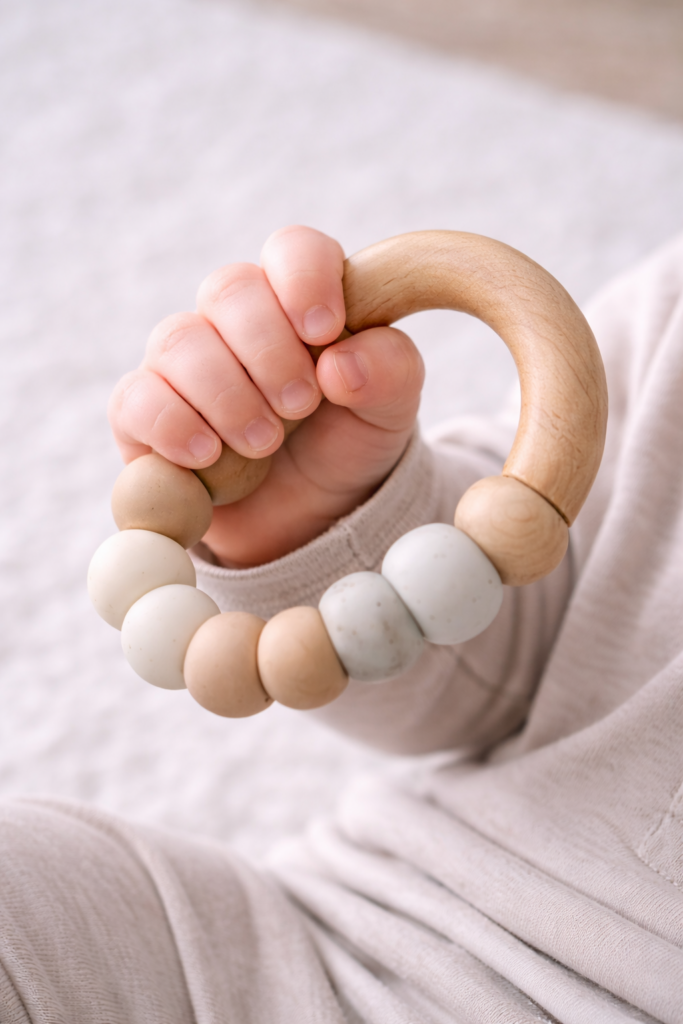 Mom’s hand gently rubbing baby’s cheek, faces not visible