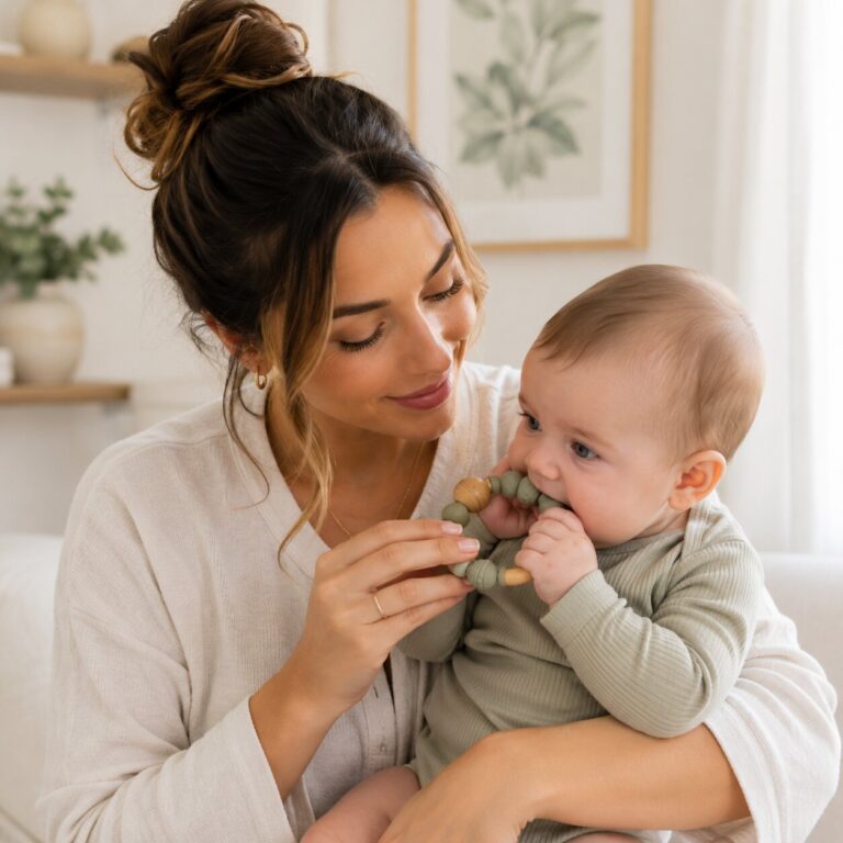 Baby drooling slightly while holding teether, natural home setting
