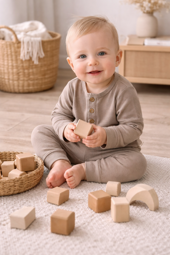 Baby boy around 6–9 months old sitting on a cream-colored knit blanket