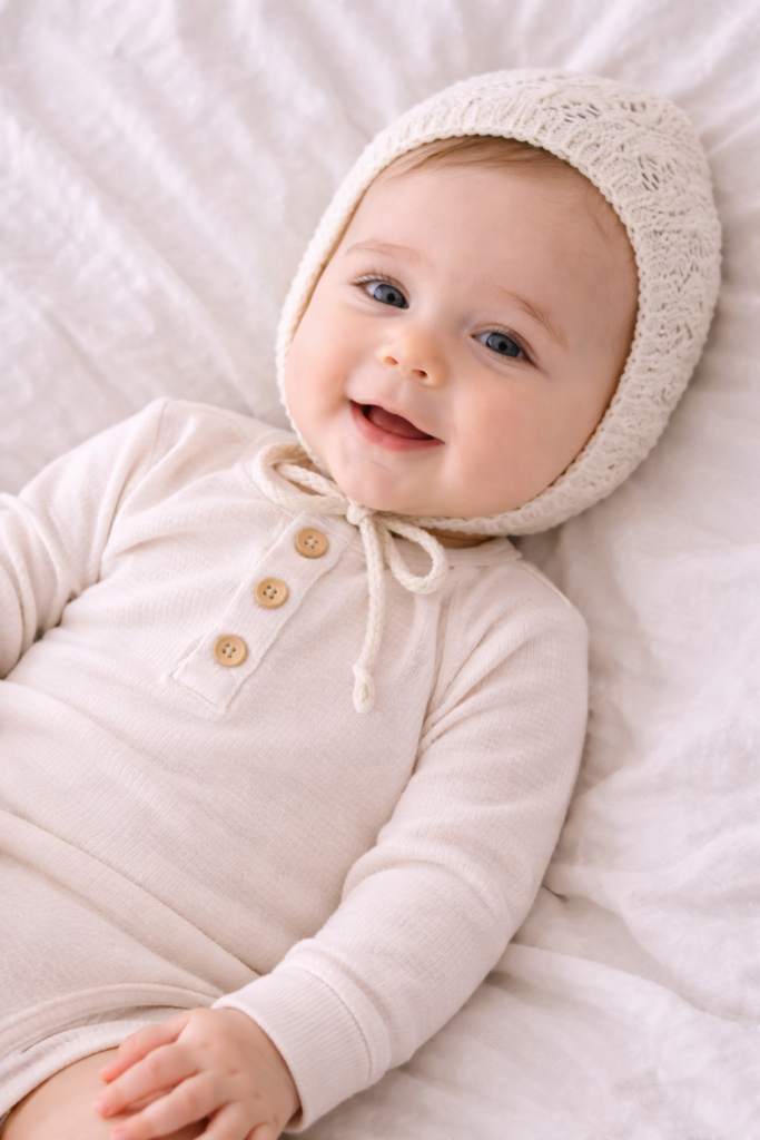 Baby girl lying on bed wearing simple cream bodysuit and knit bonnet