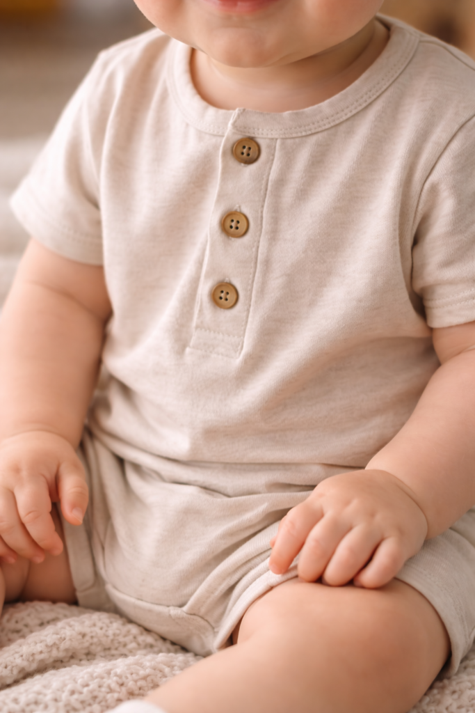 Flat lay of neutral baby boy outfit on light linen fabric background,