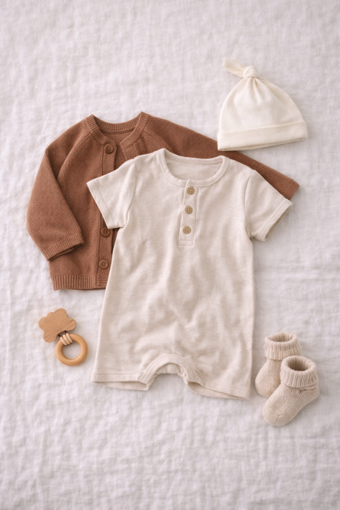 Close-up shot of baby boy wearing soft organic cotton neutral onesie,