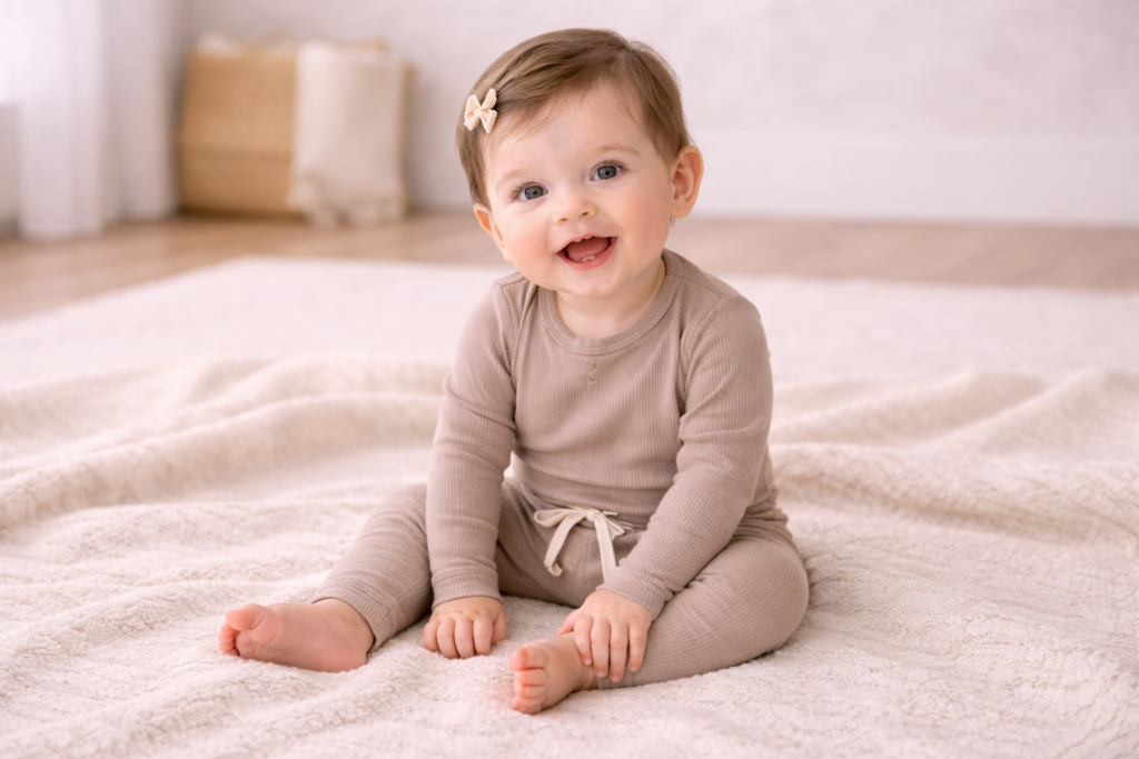 Happy baby in soft surroundings