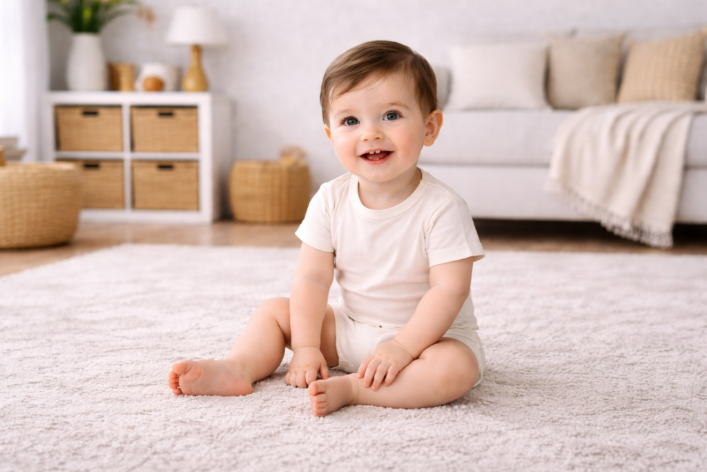 Neutral baby outfit essentials on linen