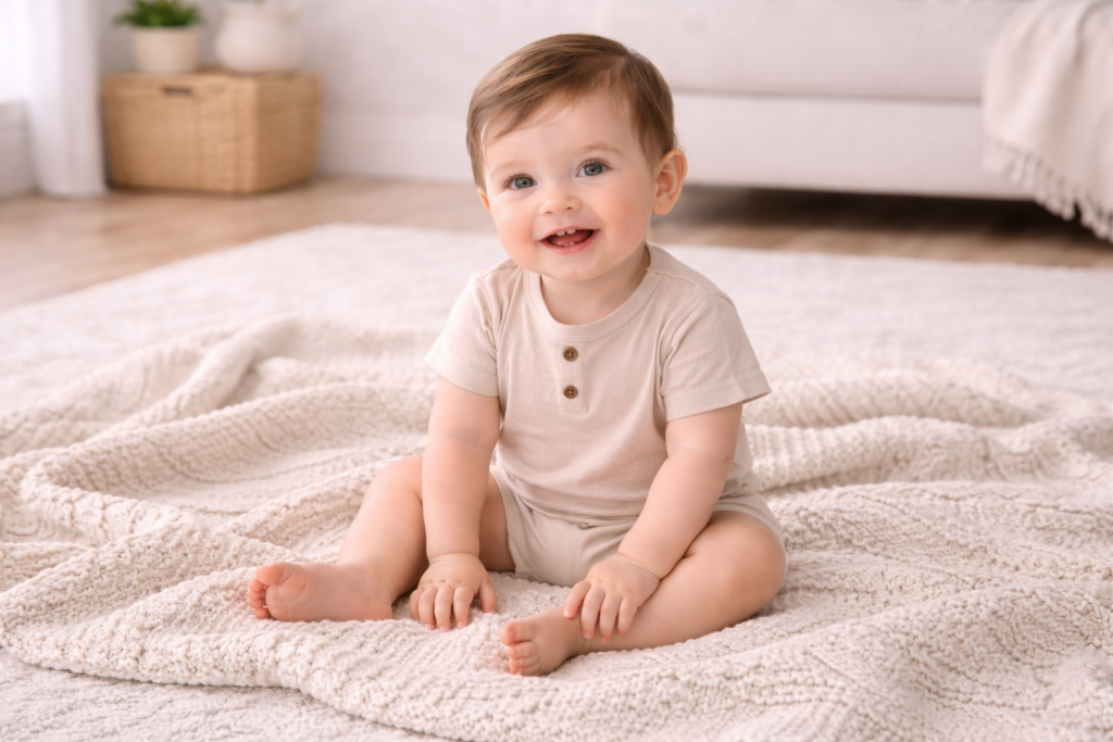 Joyful baby on soft knit blanket